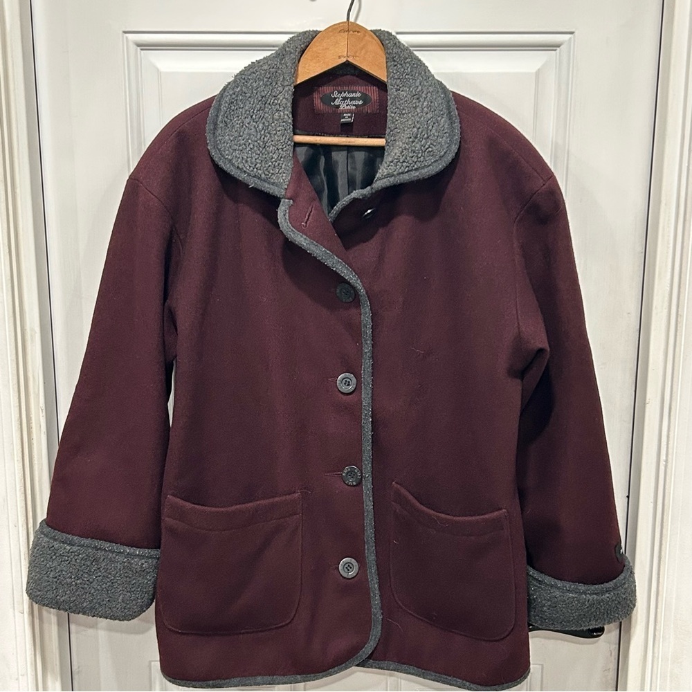 Stephanie Mathews Designer Petite Womens Wool WinterCoat, Purple With Gray Trim.